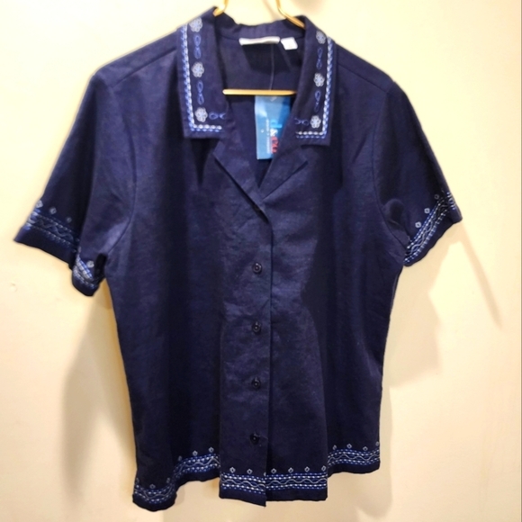 Denim & Company navy Linen blend short Sleeves button-down shirt size L - Picture 1 of 13